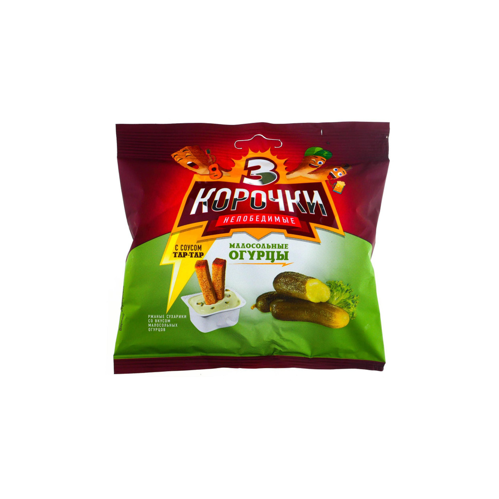 Сухарики ржаные Три корочки Малосольные огурчики 60г + соус тар-тар 25мл